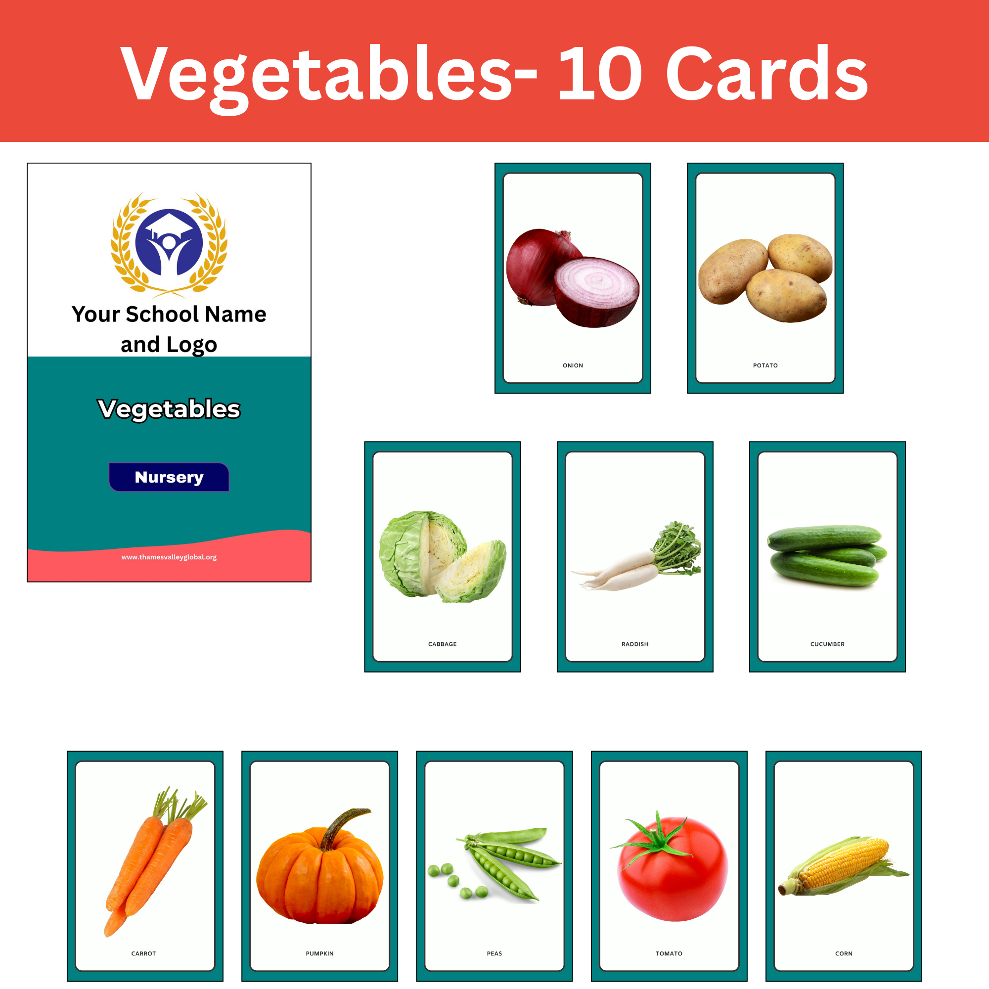Vegetables - 10 Cards|Flash Cards|0 to 3 Years