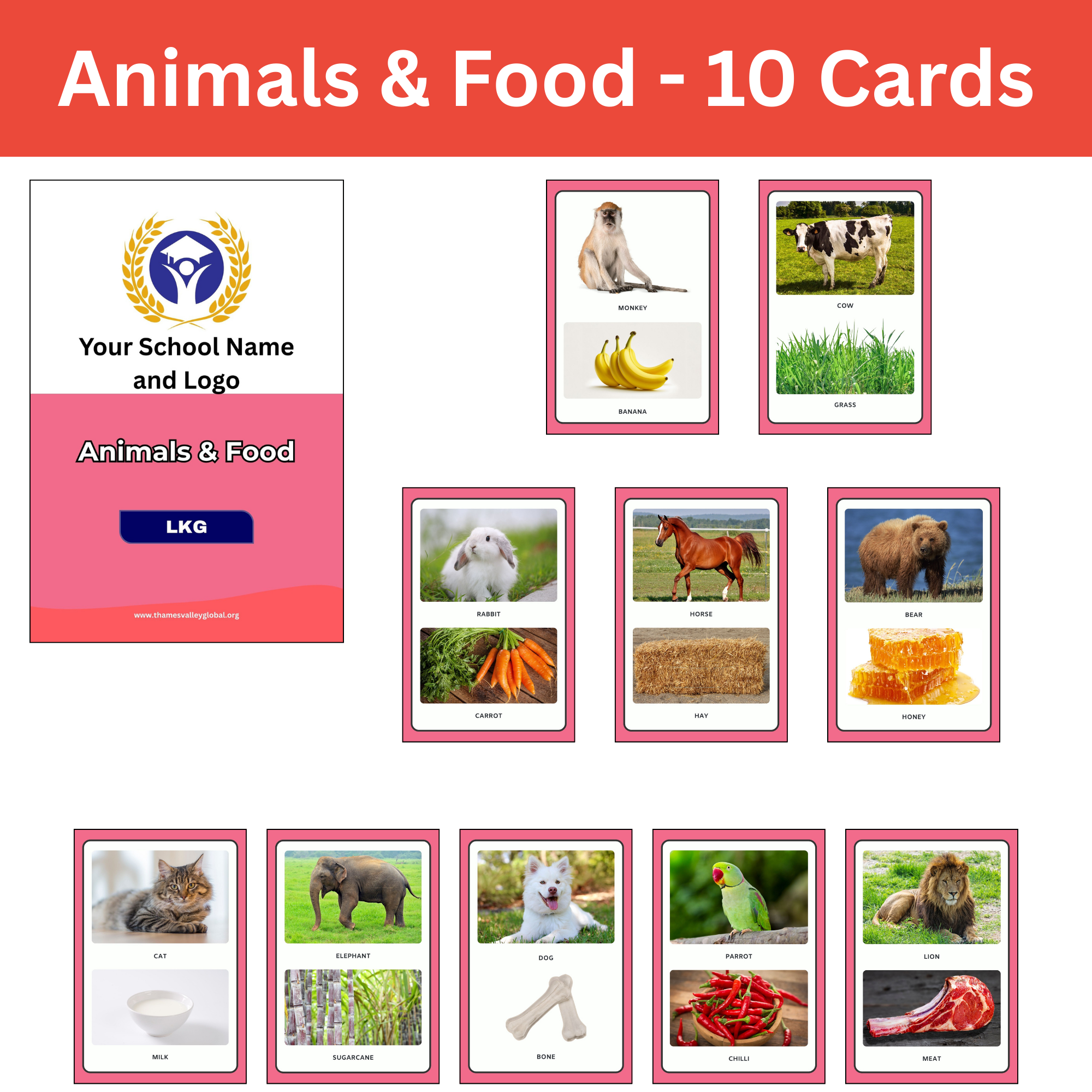 Animals & Food - 10 Cards|Flash Cards|3 to 5 Years