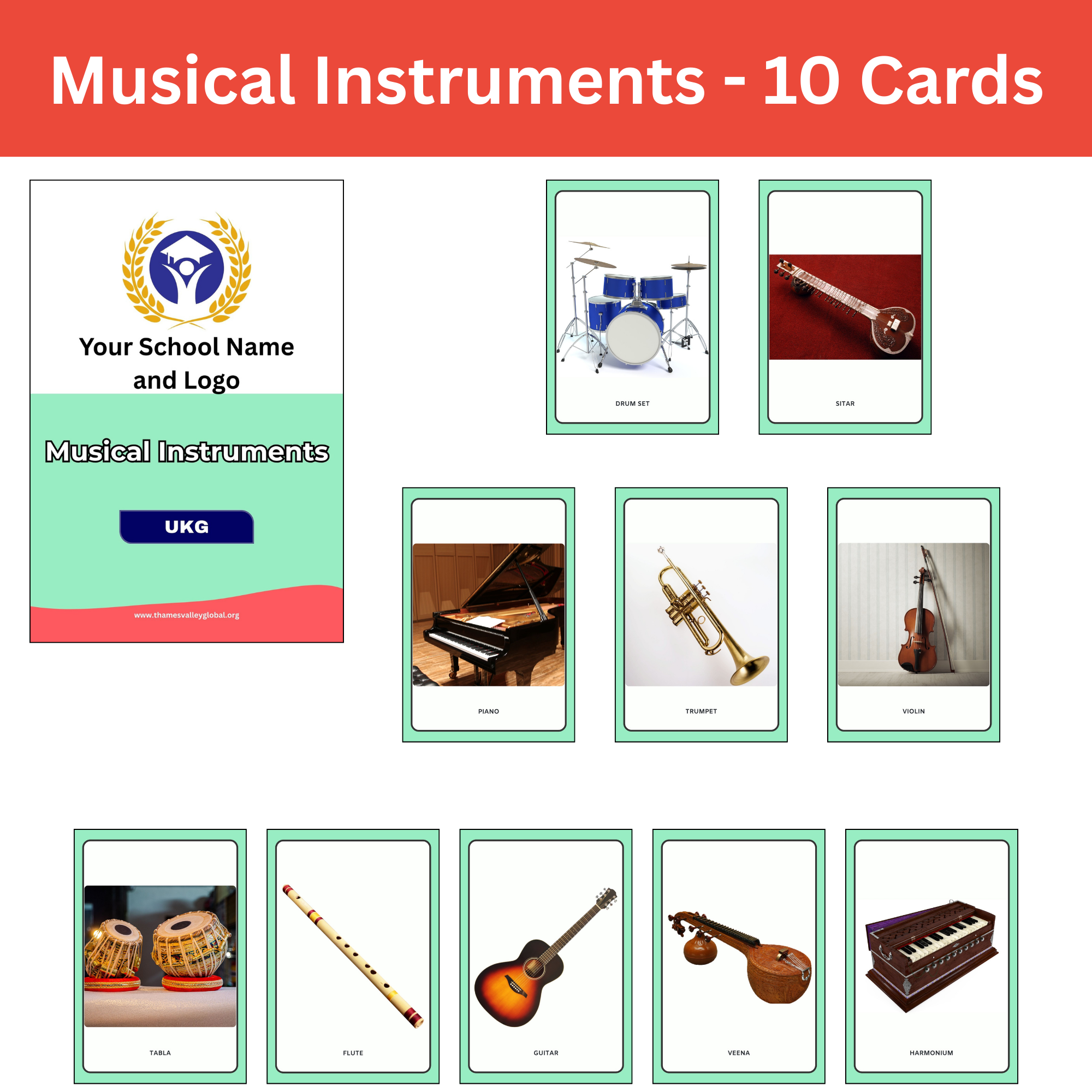 Musical Instruments - 10 Cards|Flash Cards|5 to 6 Years