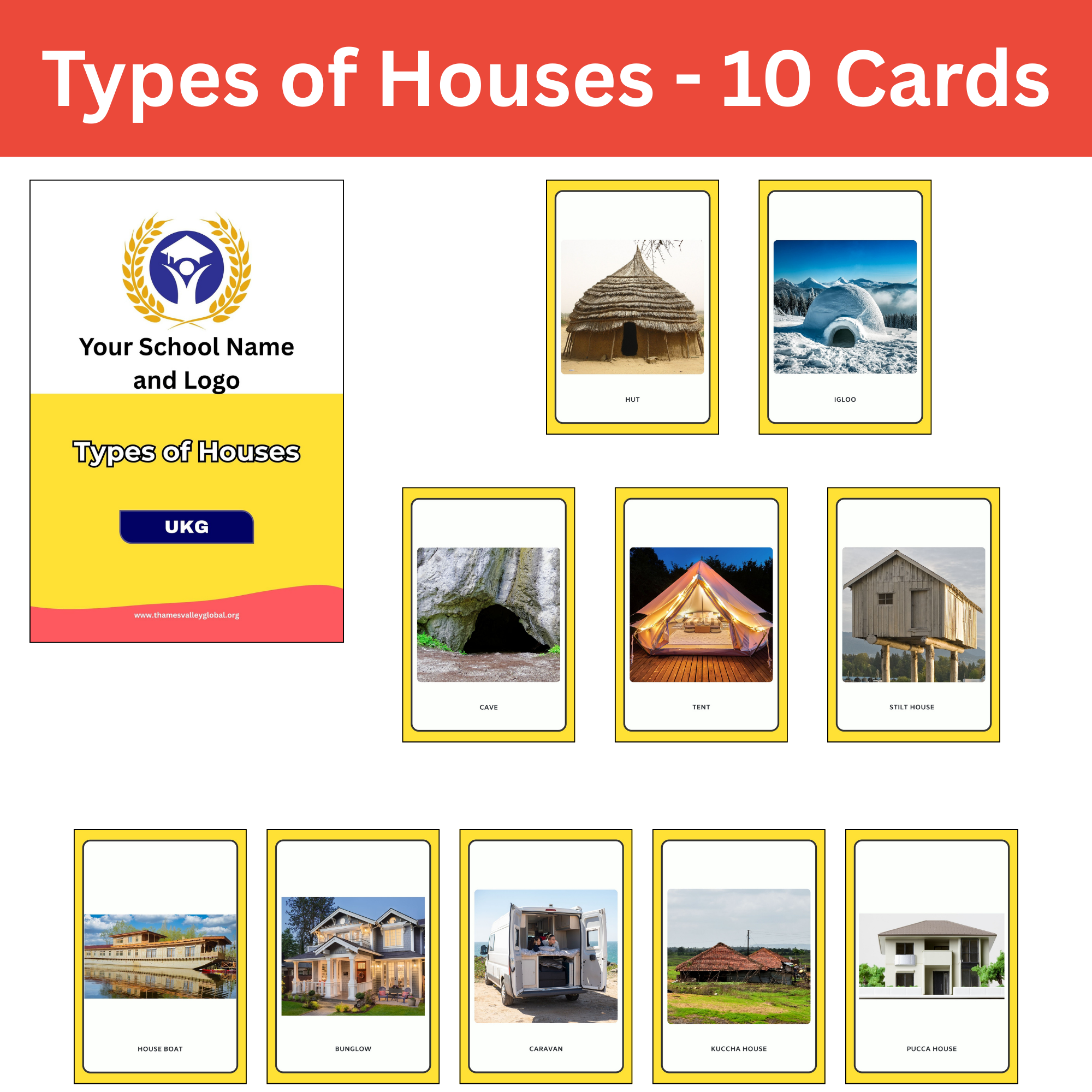 Types of Houses - 10 Cards|Flash Cards|5 to 6 Years